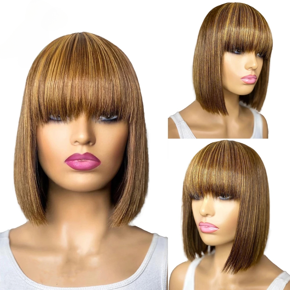 Free shipping 180density Highlight Blonde Ombre Straight Short Bob Wig Human Hair No Lace Wigs With Bangs For Black Women