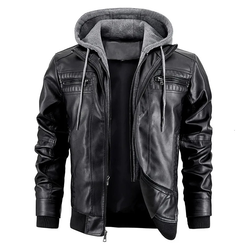 Mens Leather Jacket Motorcycle Slim Fit Hooded PU Coat Top Autumn Winter Casual Windproof Mens Clothing Detachable Hat S-XXXL 250226