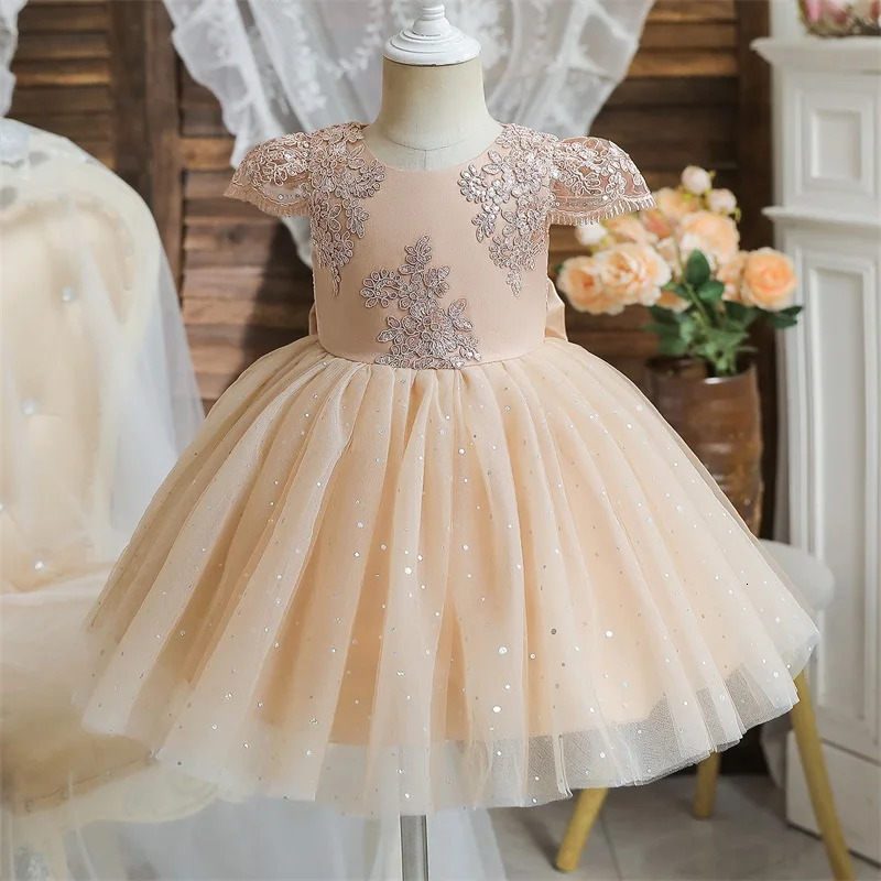 Champagne Flower Girl Dress Vintage Lace Princess Ball Gown Toddler Christening Birthday Prom Gown Bow V-Back Tulle Tutu Dresses 250210