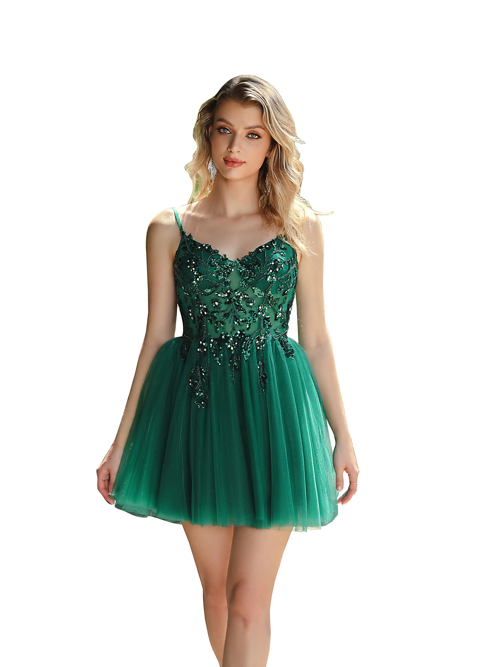 Lovely Green Short Homecoming Dresses A E Spaghetti Straps V Neck Appliqued Beaded Knee Length Tail Party Graduation Gowns Mini Club Wears Cps3081 021