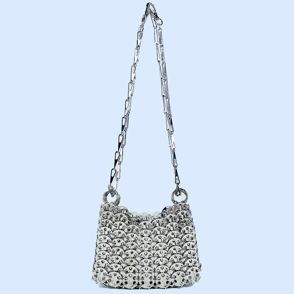 Silver Shiny Bag Handmade Woven Beaded Sequin Bag Mobile Phone Bag Long Shoulder Strap Single Shoulder Crossbody Bag for Women 250210