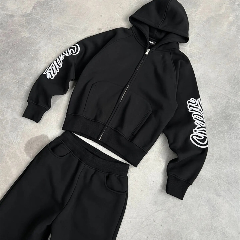 Retro Trend Zipper Hoodie and Casual Pants 2Pieces Sets Loose Leisure Tracksuit Y2k Street Sweatshirt Men Sweatpants Suit 250109Z