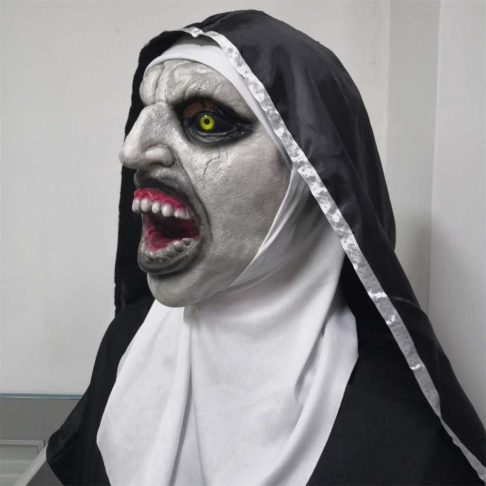Horror Scary The Nun Latex Mask With Turban Valak Cosplay Halloween Costume Face Masques Prank Prop gear Christmas Gifts Y250210