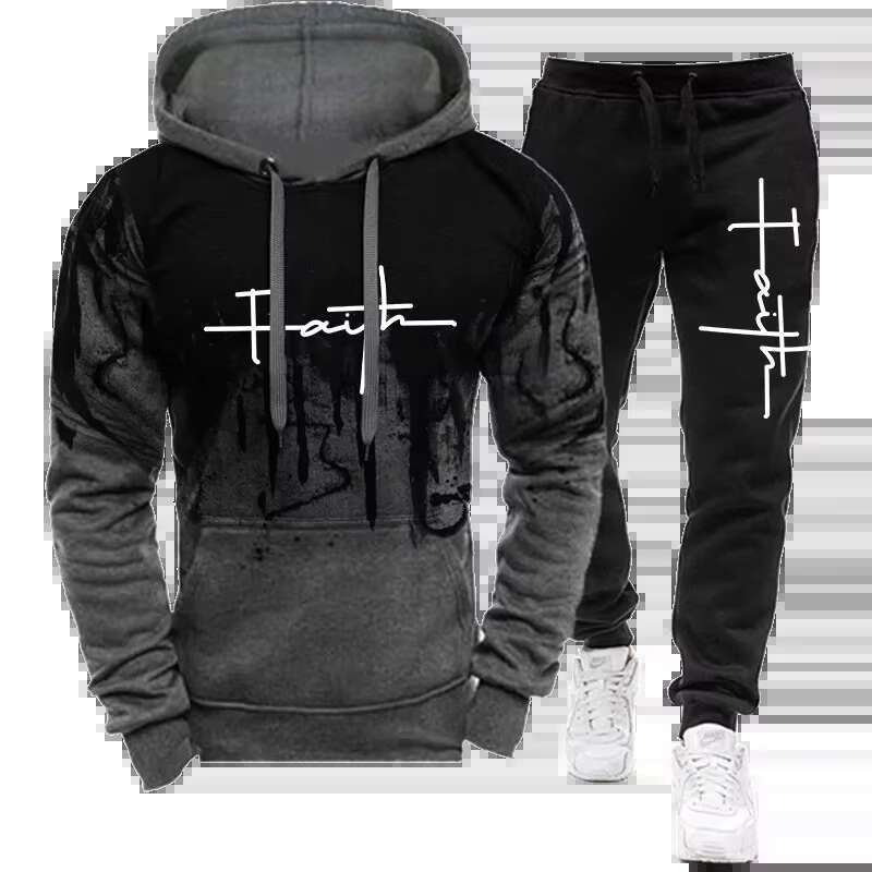Men's Outerwear Fashion Faith Print Autumn Men's Casual Tracksuit Men Sweatshirts And Sweatpants Two Pieces Sets Sportswear Plus Size Custom