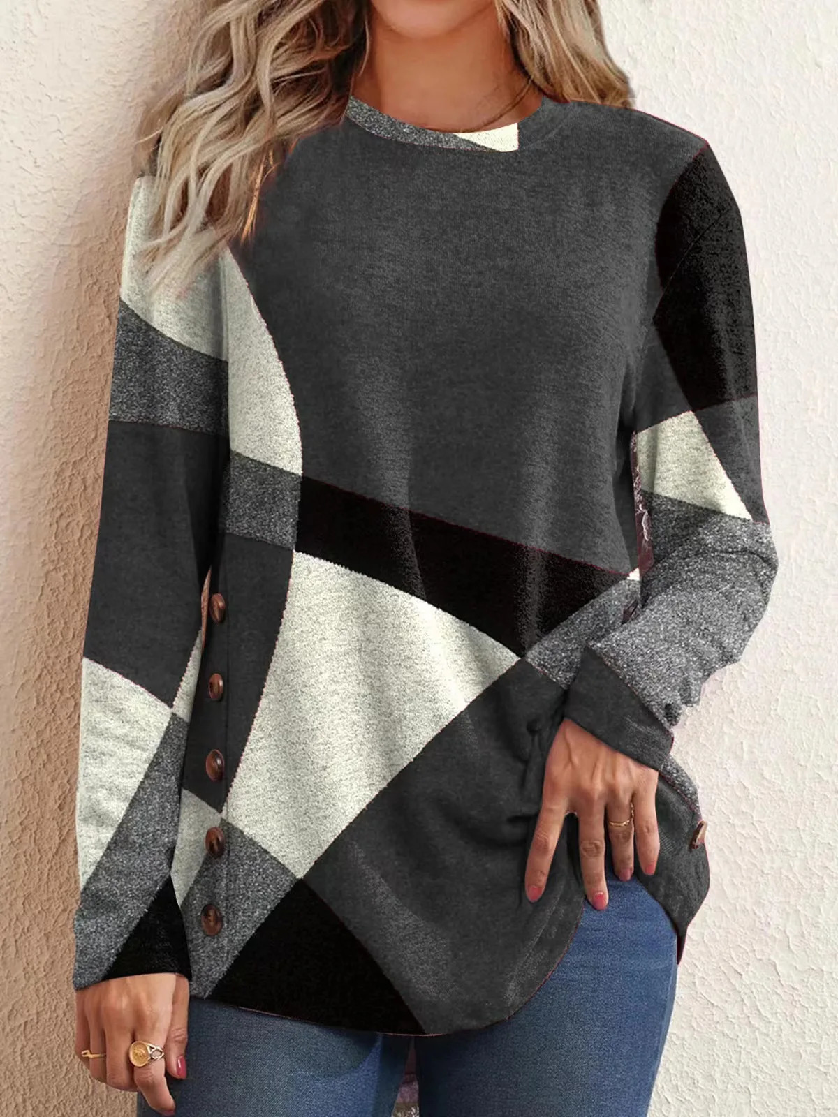 European and American Women Casual Color Block Long Sleeve Buttons Top Dressy Geometric Tunic Tops Crewneck T Shirts 250114Z