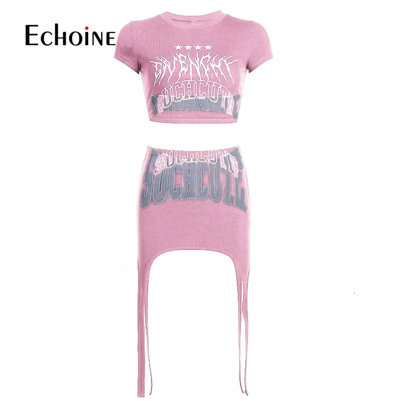 Echoine Women Print shortsleeve Crop Tops And irregular Mini Skirt 2 Two Piece Set Summer Sexy Fashion Party Tracksuit Outfits 250210