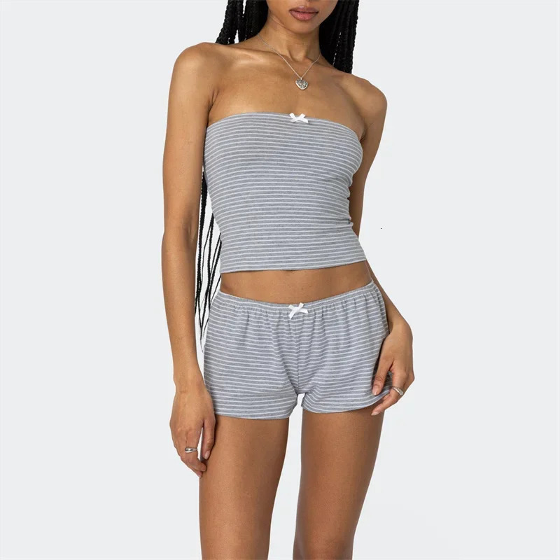 Women Two Piece Outfits Y2k Boy Shorts Set Sleeveless Striped Crop Top Button Down Loungewear Pajamas Streetwear 250210