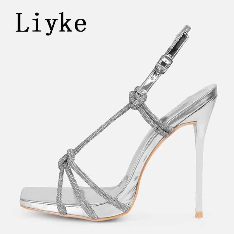 Liyke Sexy Golden Crystal Back Buckle Strap Sandals Women Summer Party Nightclub Stripper Heels Glitter Rhinestones Ladies Shoes Z250211