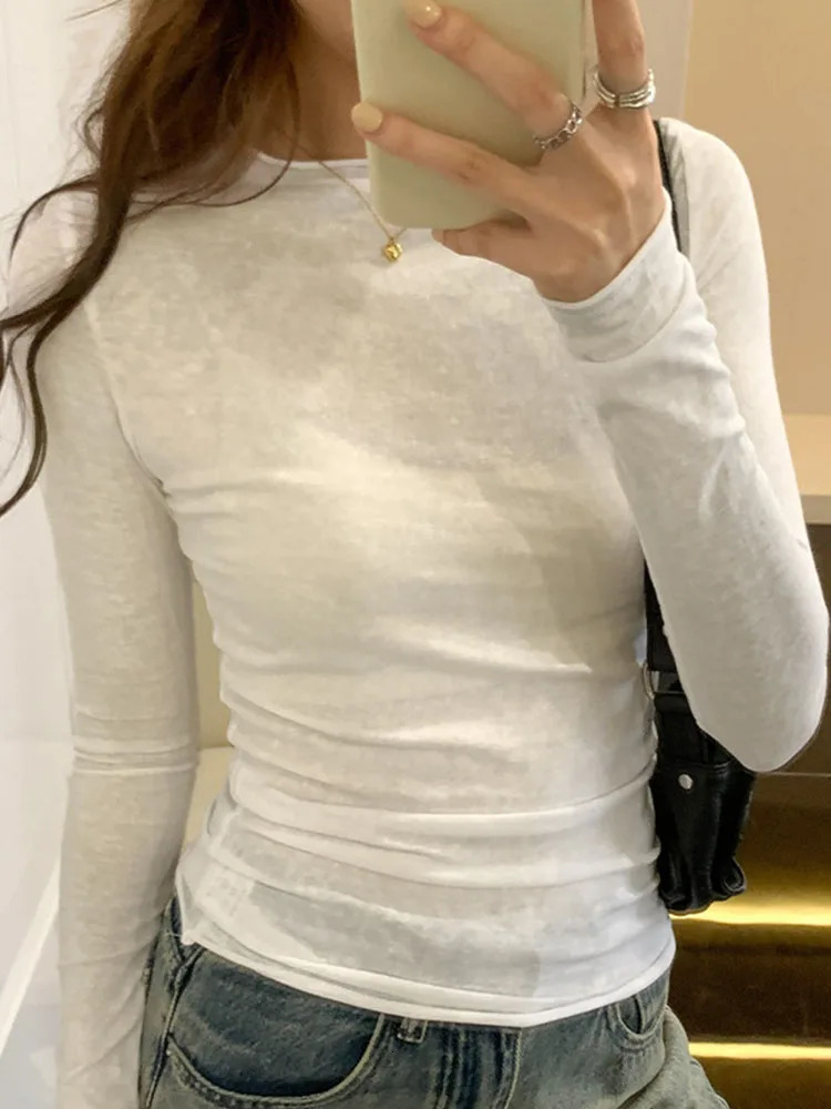 Spring Autumn T shirt Women Tops Solid Slim Fit Long Sleeve O Neck Tshirts Female Casual Streetwear High Quality Base Tees 250206