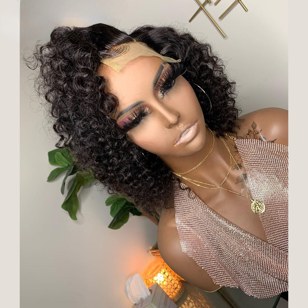 Free shipping Brazilian Jerry 13x4 Lace Front Wig Human Hair Natural Black Color Free Part Transparent Short Curly Wigs Synthetic for Women