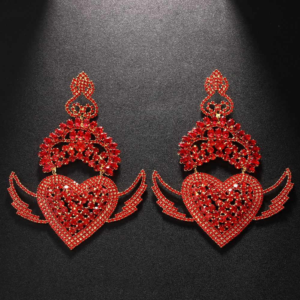 Exaggerated Angel Wing Heart Earrings with Sparkling Rhinestones Statement Ear Drops for Queens Banquet Accessories