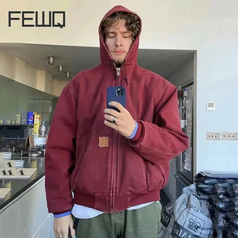 FEWQ Cotton Jacket Workwear Hooded Canvas Long Sleeves 2024 Solid Color Long Sleeve Casual Male Tops Korea Fashion 24E5378 250210