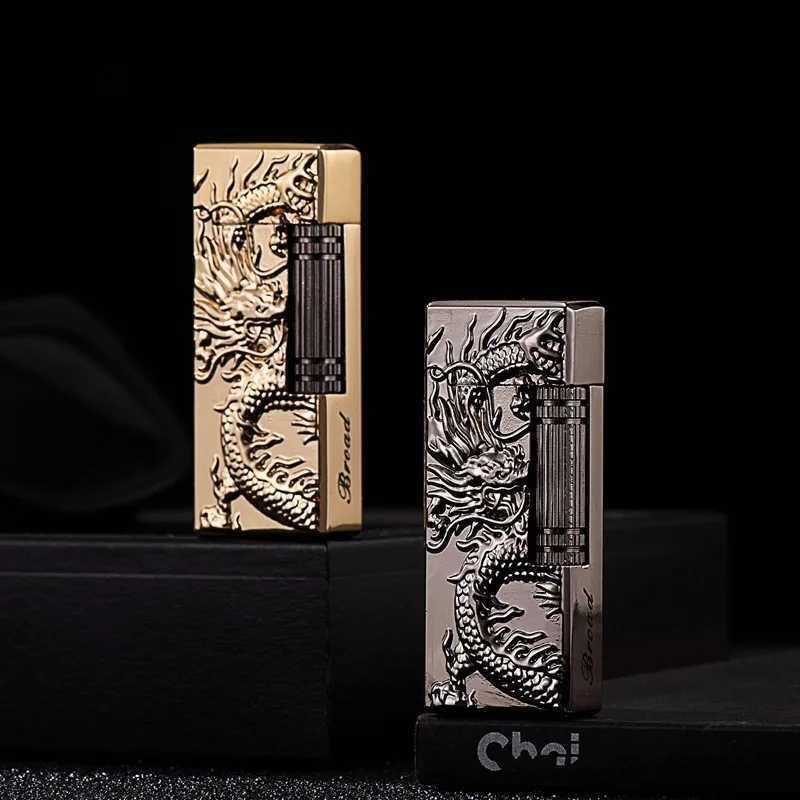New Grinding Wheel Side Slide Tilt Flame Butane Gas Lighter High Quality Metal Embossed Open Flame Lighter Cigarette Accessories Y250210