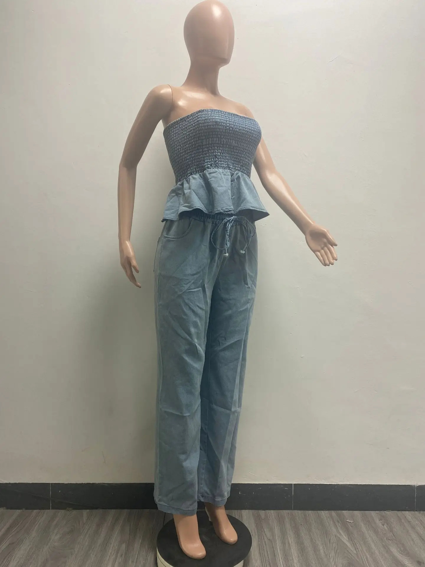 Jeans Wide Leg Pants Outfit Sexy Women Two Pieces Elegant Denim Club Matching Set Ruffles TopTrousers 250211