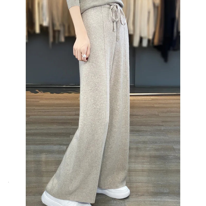 100% Pure Wool Womens High Waisted Wide Leg Autumn Winter Casual Loose Fitting Fashion Korean Cashmere Pants 2 Z260314
