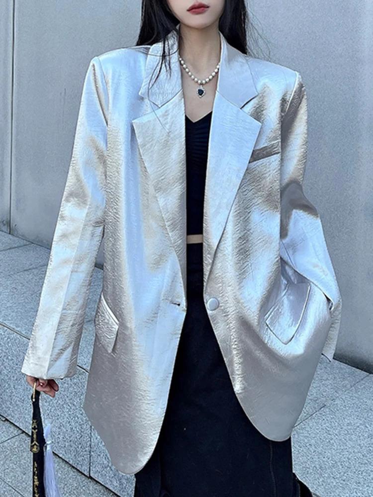 EAM Women Silver Big Size Glossy Sensation Blazer Lapel Long Sleeve Loose Jacket Fashion Spring Autumn 31A0901 250106