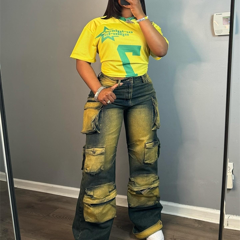 Womens Straight Leg Jeans Trendy And Personalized Multi Pocket Hanging Dye High Waisted Work Pants