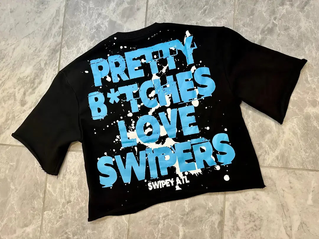 Oversized Blue Couple Gothic Cropped T Shirt Men Women Harajuku Pretty Btches Love rs Graphic TShirt Streetwear 250210