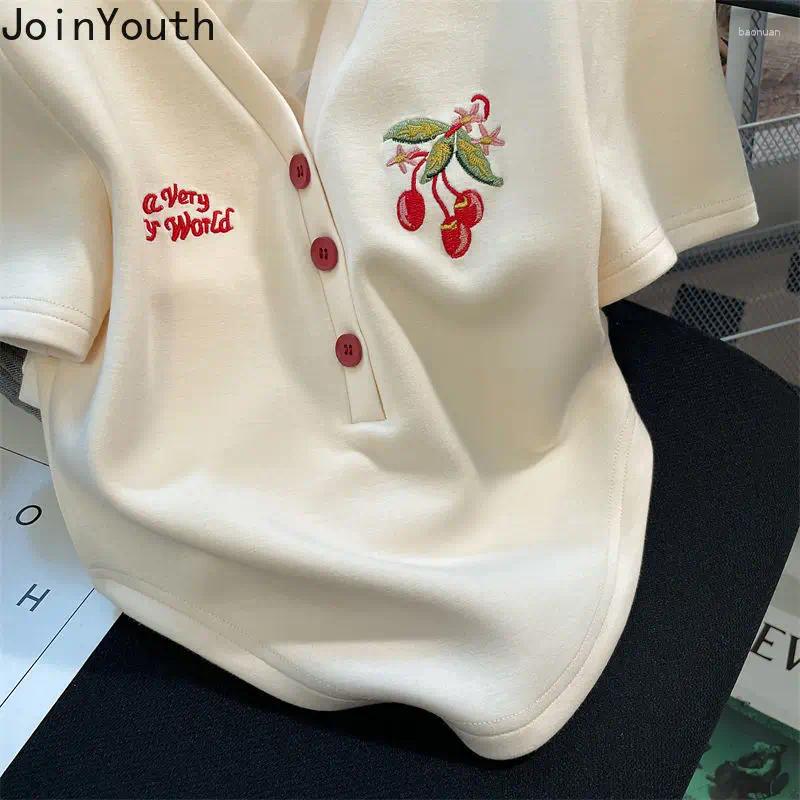 Women's T Shirts Woman V-neck Letter Cherry Embroidery Summer Tees Short Sleeve Bottoms Casual Vintage Tops Chic Oversized Tshirt