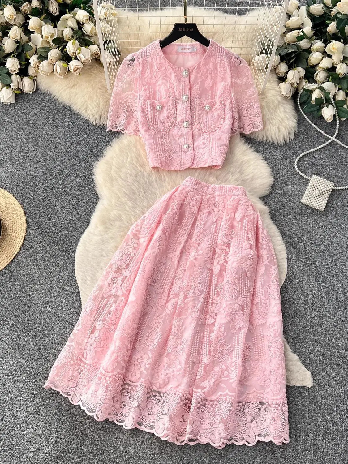 Small Fragrant Embroidery Flower Two Piece Set Women Short Sleeve Pearls Buttons Pocket Lace Mesh Crop Top Midi Skirts Suit 250211