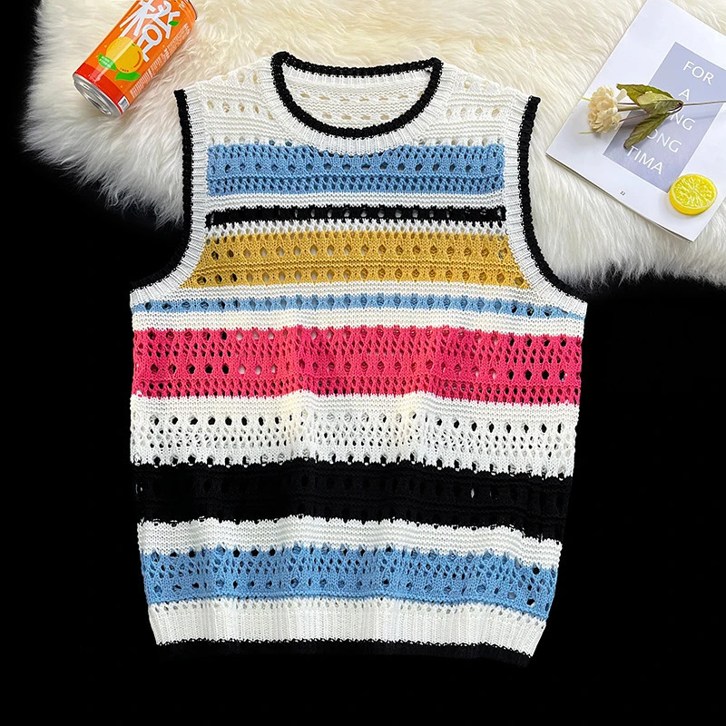 Unisex Summer Sweater Vest Men Retro Striped American Sexy Males Sleeveless Hollow Out Knitwear Harajuku Y2k 250210