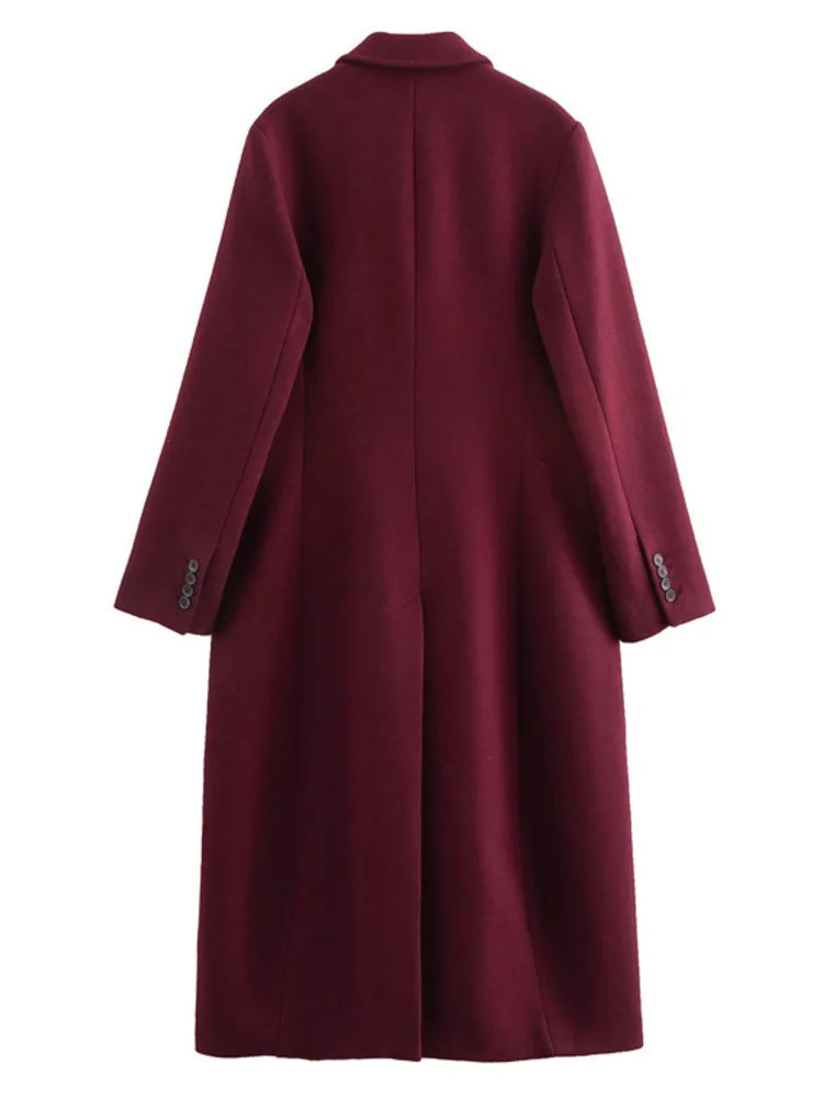 EAM Wine Big Size Casual Woolen Coat Lapel Long Sleeve Double Breasted Women Jacket Fashion Autumn Winter2024 30A2587 250109Z