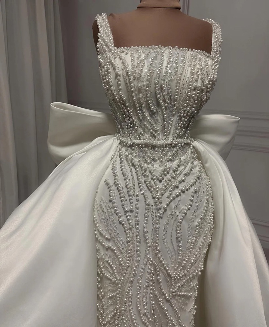Detachable Mermaid Wedding Dresses Spaghetti Straps Bridal Gowns with Overskirts Pearls Beaded Sequins Slim Custom Made Sleeveless Vestidos De Novia