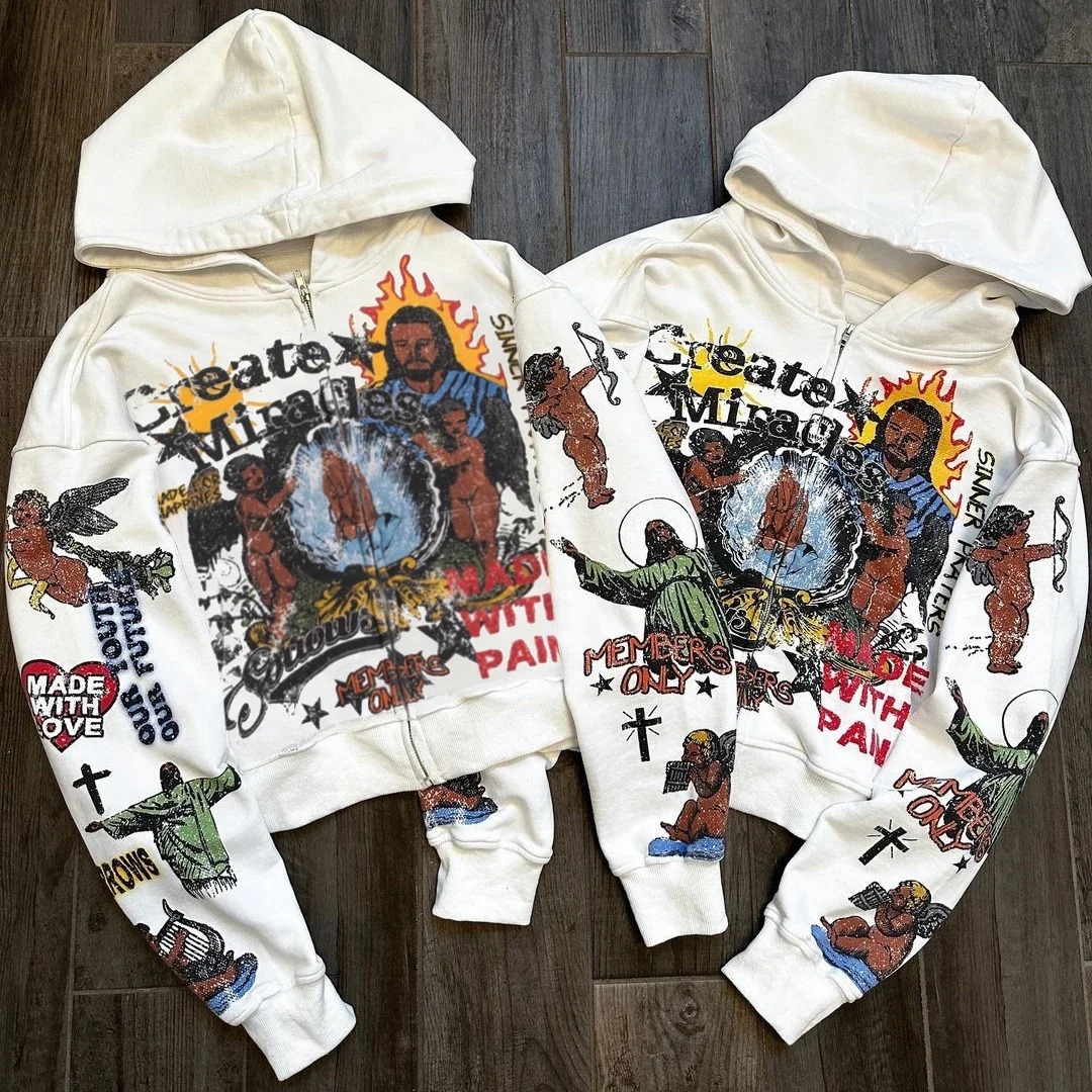 Y2k American God Colorful Printed Loose Zip Up Hoodie Men Fashion High Street Retro Sweatshirt Gothic Aesthetics Women Jacket 250206