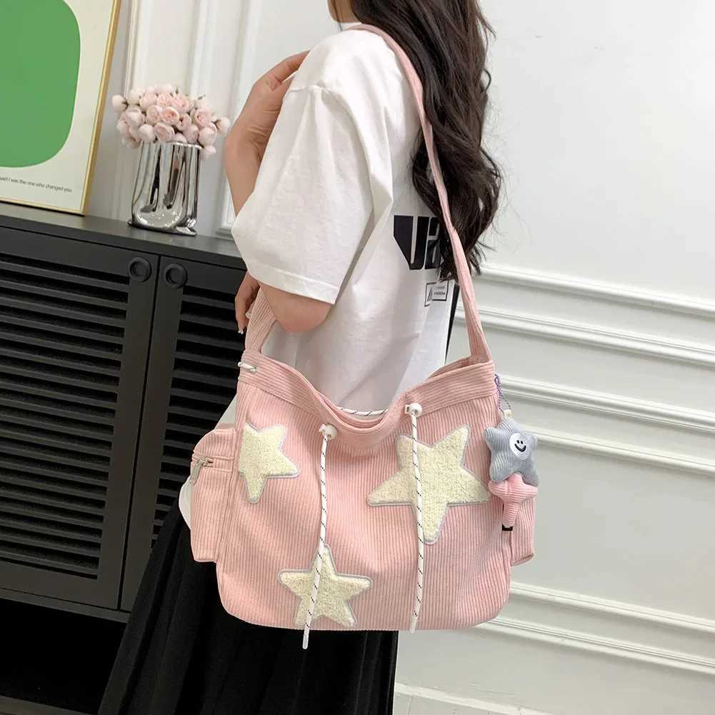 Womens star pattern Corduroy cross body bag casual handbag womens simple large capacity shoulder bag girls travel school backpack handbagXJ250412