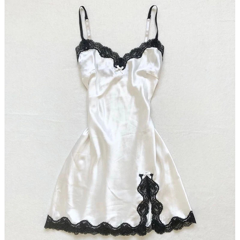 Sexy womens dress lace Harajuku fashion solid color Y2K slit short skirt cute emo girl comfortable satin aesthetic suspender 250210