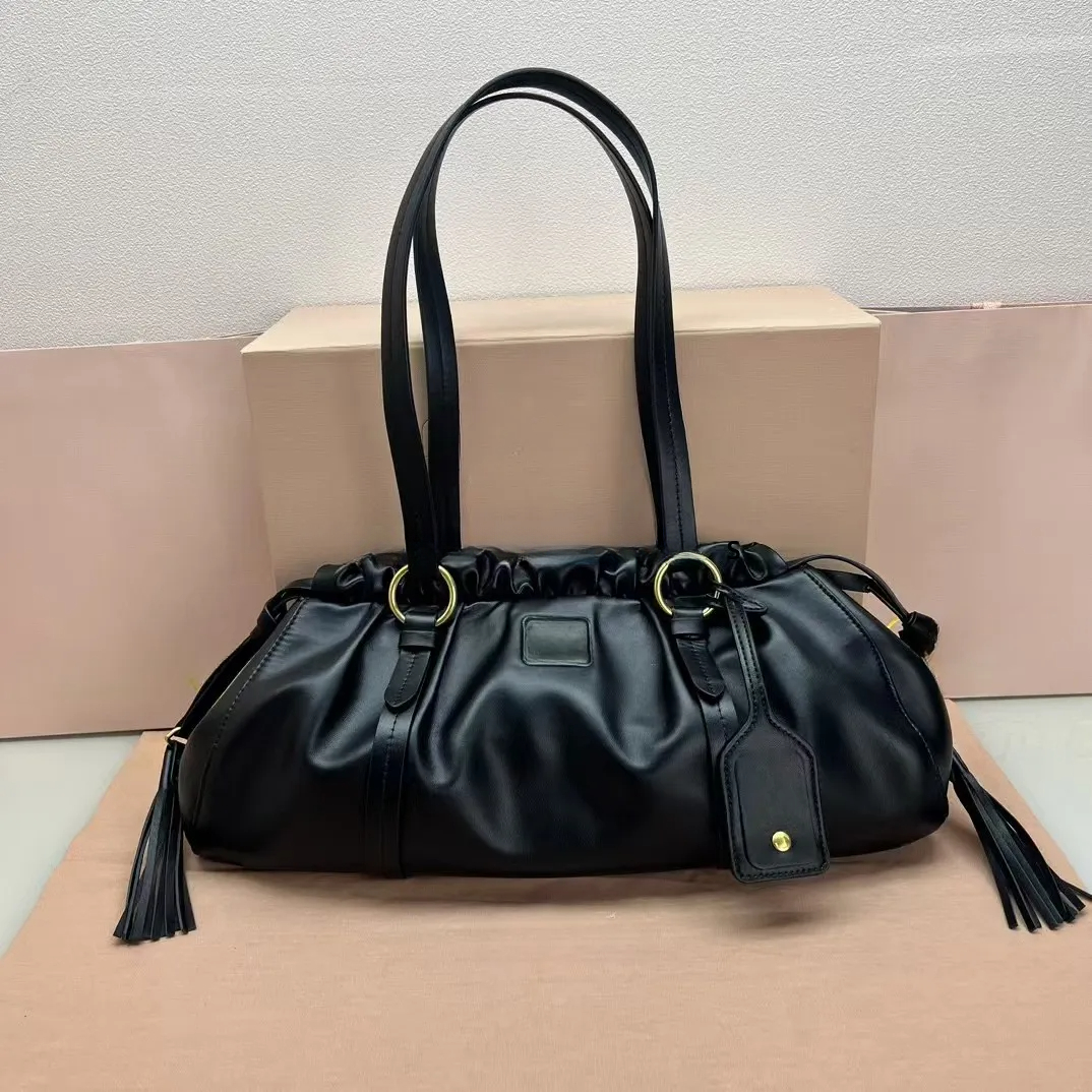 Chic Designer Women's Soft Cow Leather Large Hobo Bag - Elegant Retro Dumpling Shape with Embellished Tassels