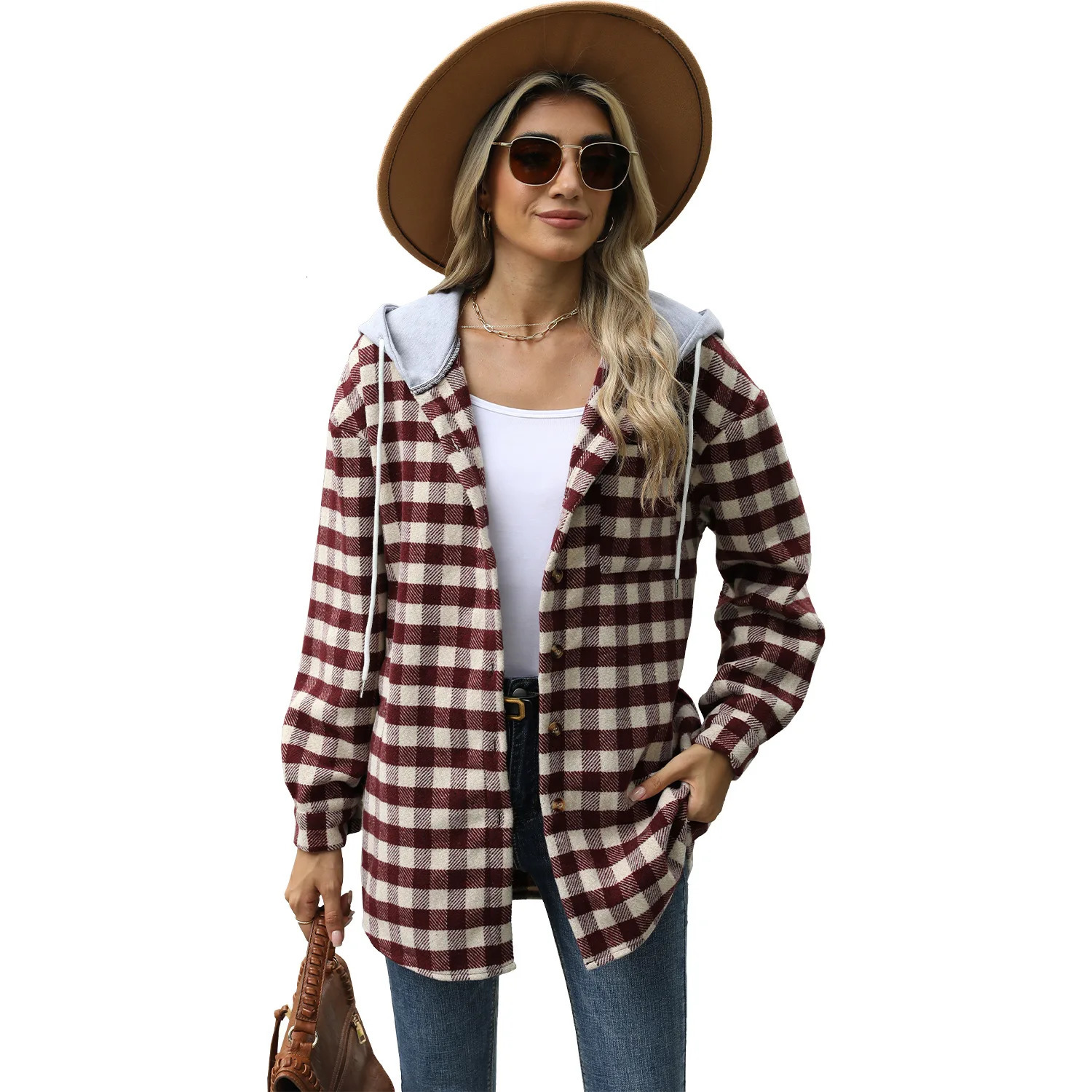 Womens Hooded Checkered Patchwork Top with Single Breasted Woolen Coat 250109Z