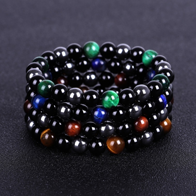 Strand Hematite Tiger Eye Black Onyx Beaded Bracelet Natural Stone Bead Bracelets Wristband for Men Women Fashion Jewelry