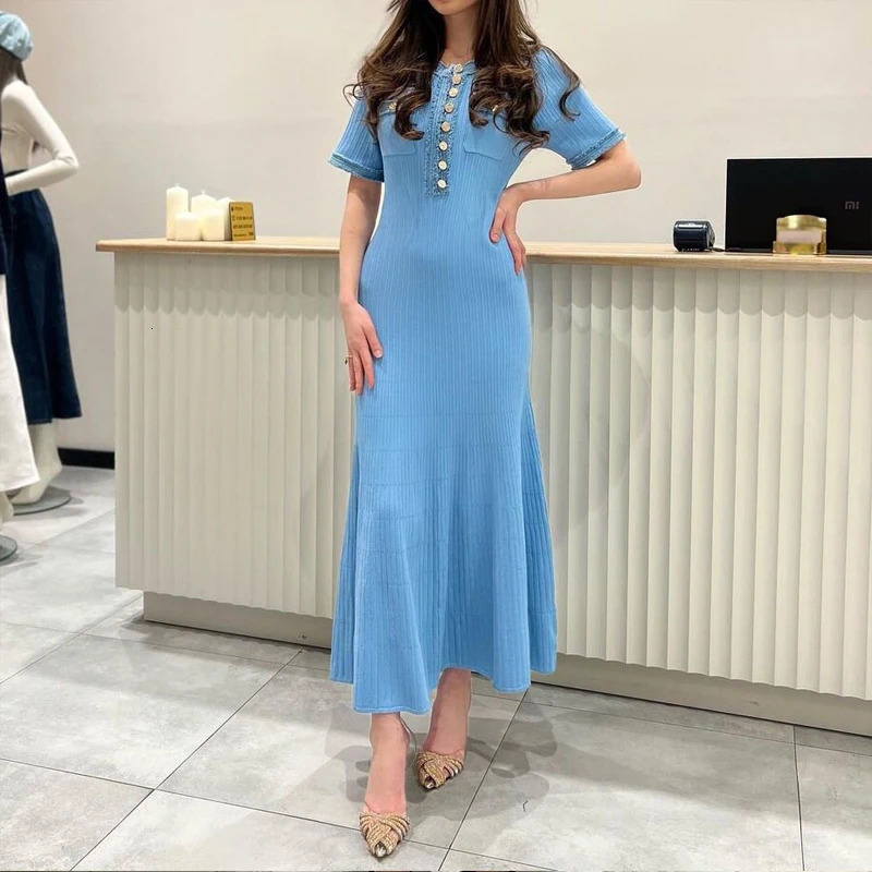 YuooMuoo Fashion Denim Patchwork O-neck Single Breasted Knit Maxi Dress Elegant Pockets Long Shirt Dress Vacation Robes 250210
