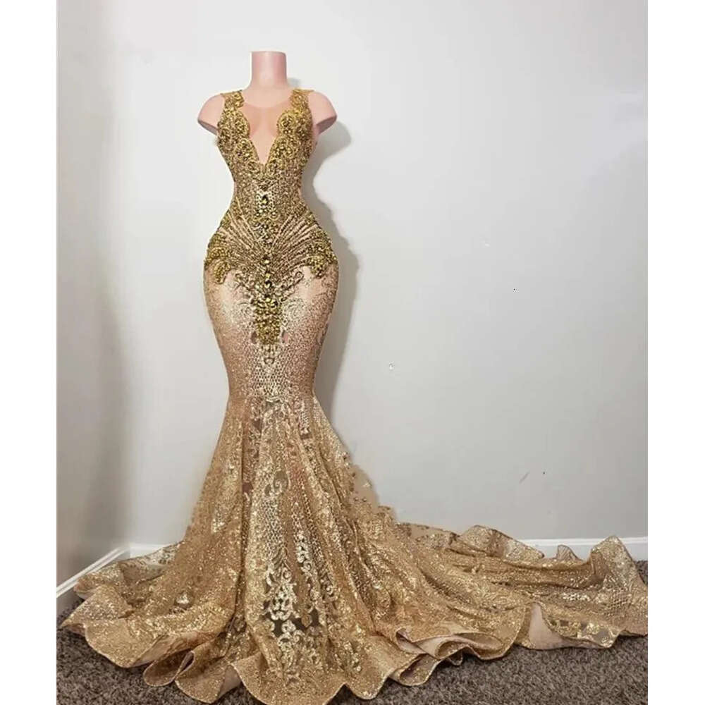 Gold Dias Long Evening Dresses Sparkly Beads Rhie Crystal Sequins Birthday Party Gown Prom Reception Robe