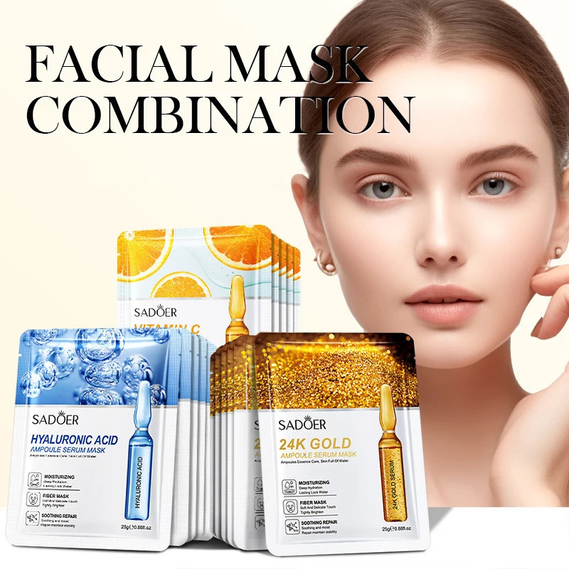 51015pcs SADOER 24K Gold Face Mask Facial Moisturizing Firming Hydrating Vitamin C Hyaluronic Acid Facial Masks Skin Care 250113
