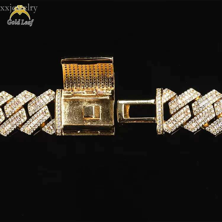 Iced-Out Gold Leaf 16mm Sterling Silver Cuban Link Hip Hop Necklace with Baguette Moissanite