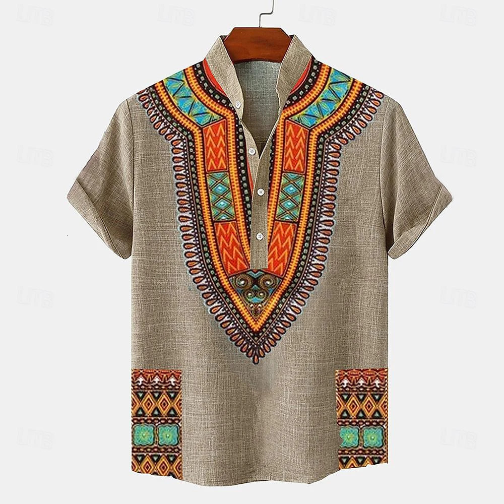 Mens Tops Pullover Linen Mens Tribal Totem Short Sleeve Shirt Half Cardigan Button Stand Collar Shirt Linen Mens Tops 250211