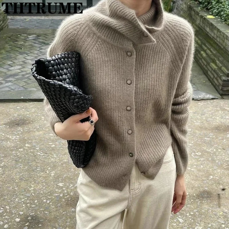 Elegant Turtleneck Cardigan Fashion Women Solid Long Sleeve Single Breasted Sweaters Casual Loose Korean Knit Cardigans 250206