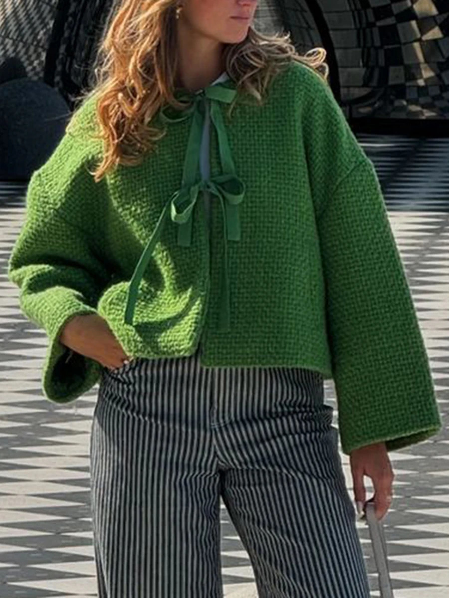 Women Autumn Jackets Casual Long Sleeve Tie-up Front Cropped Blazers Cardigans Business Coats for Female Outerwear Daily 250210