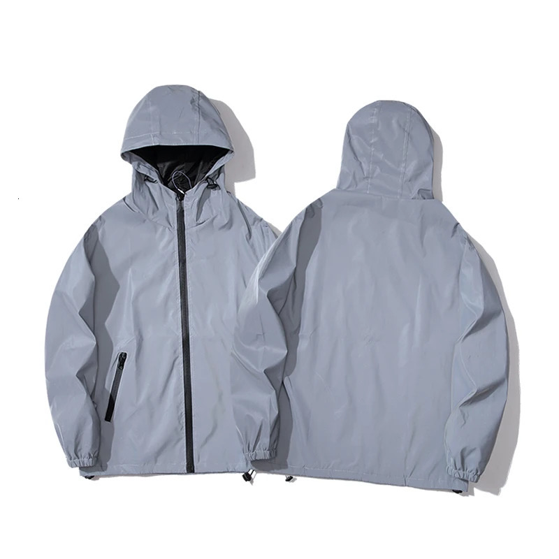 SIZE Night Reflective Jackets Double Fabric Windbreaker Hooded Jacket Men Hip Hop Dancer Waterproof Zipper Coats Outwear 250210