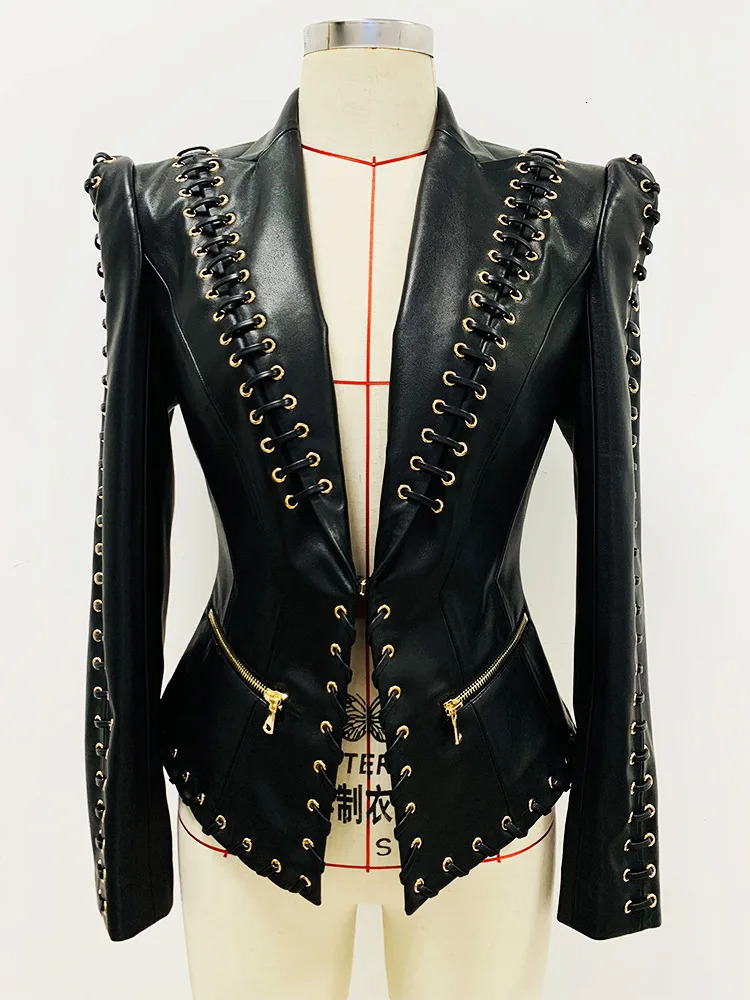 HIGH QUALITY est Fashion er Jacket Womens Rope Lacing Up Slim Fitting Leather Blazer 250208