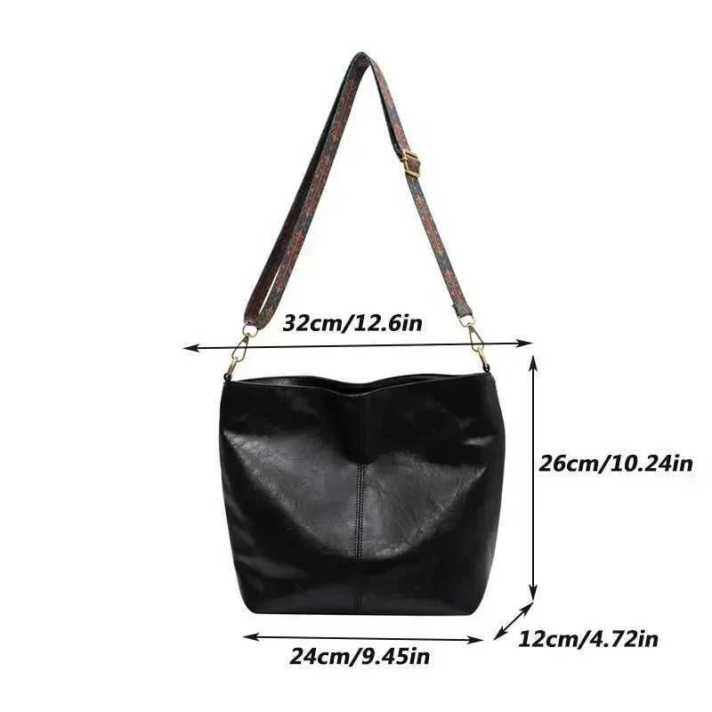 Womens Fi Shoulder Sling Bag Vintage Brown PU Leather High-Capacity Simple Wide Strap Bucket Crossbody Female Commuter BagsXJ250211