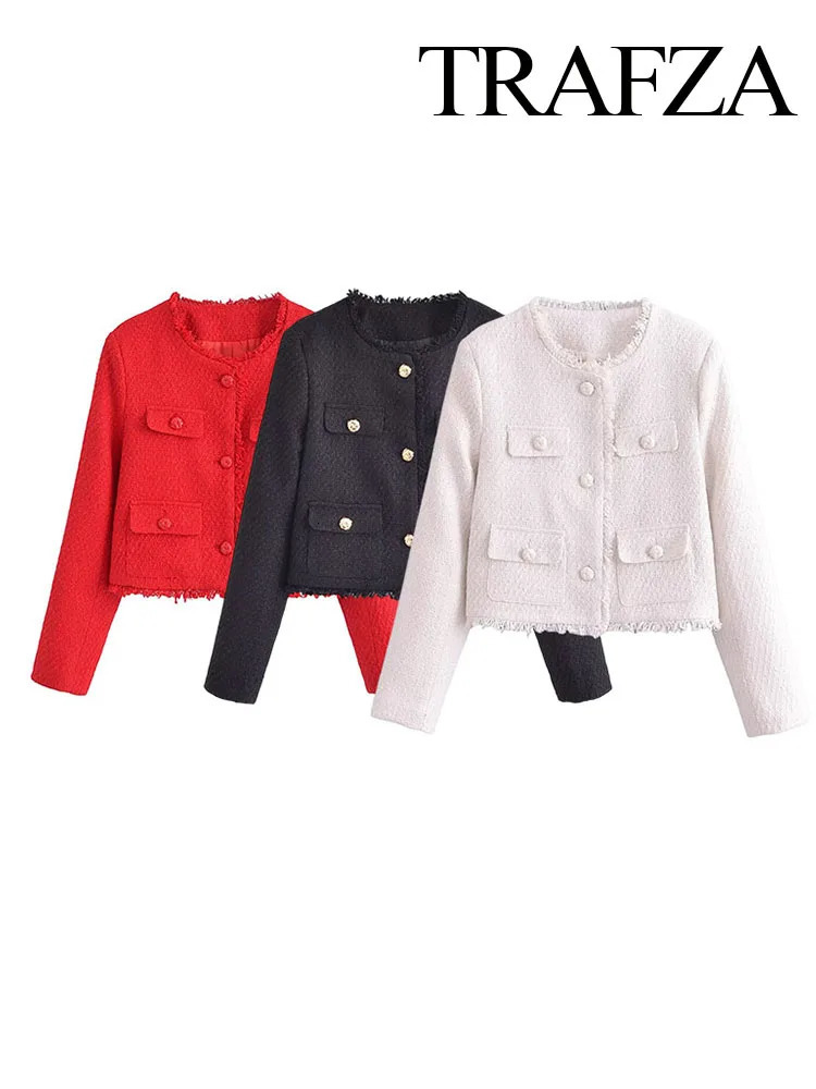 TRAFZA Autumn Women Vintage Fashion Cropped Tweed Jacket Pocket Stand Collar Long Sleeve Coat Elegant Female Chic Streetwear 250210