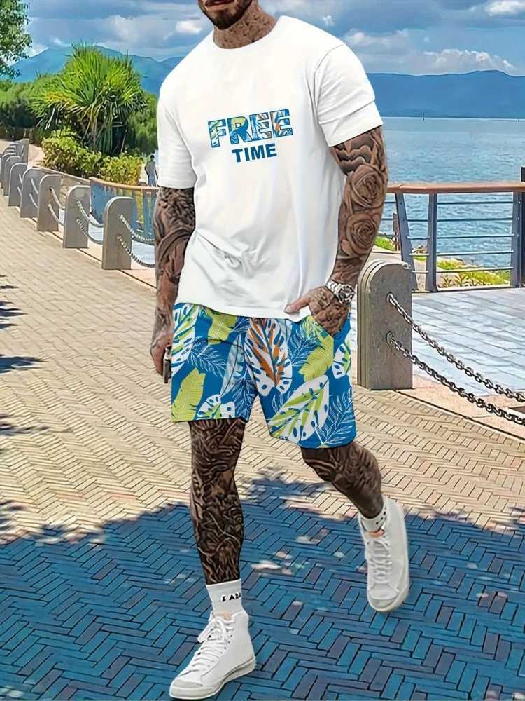 Mens 2 Piece Outfits Graphic Print Round Neck Short Sleeve T-Shirt And Drawstring Shorts Set Casual Everyday Summer Mens Set W250211