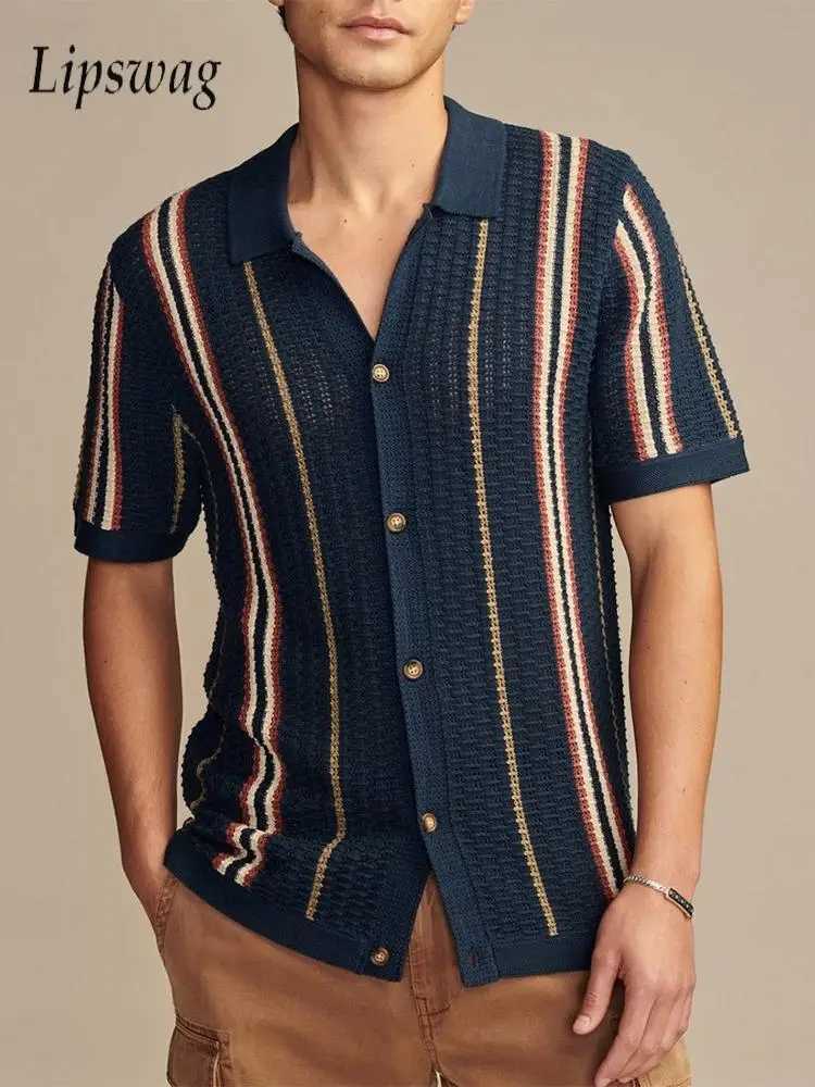Vintage Striped Textured Knit Shirts Mens Fashion Turn-down Collar Buttoned Short Sleeve Knitted Tops For Men Casual Slim Shirt W250211