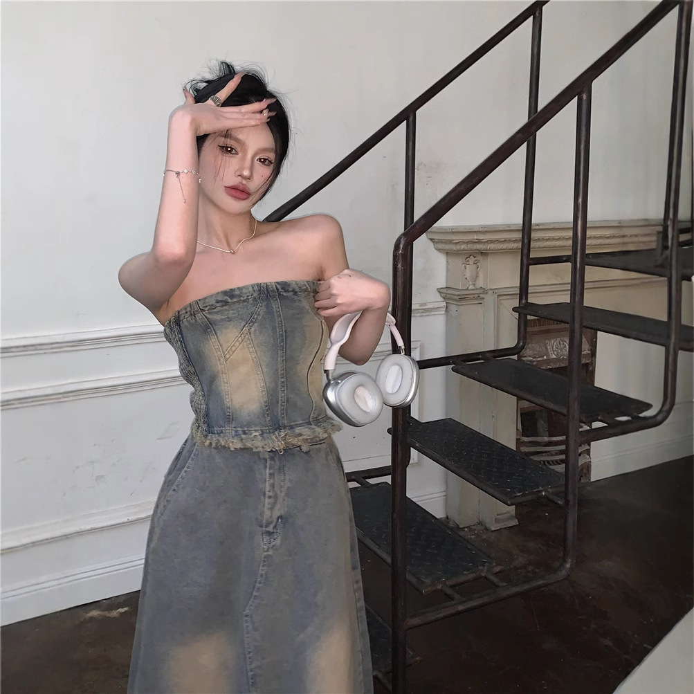 F230 Spring new American retro suit female hot girl denim tube top high waist skirt