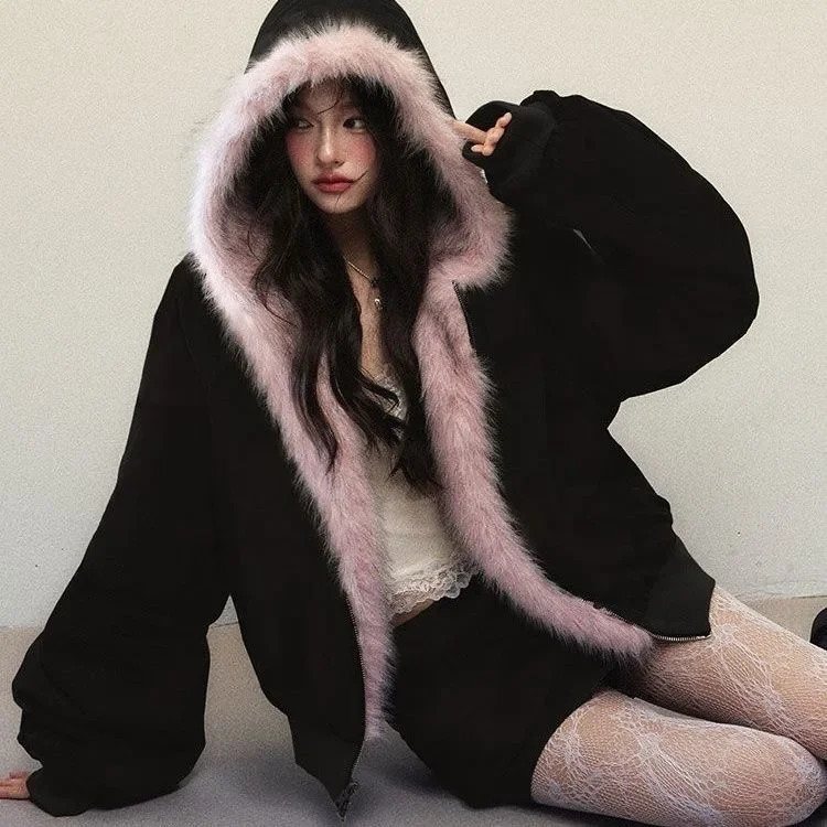 Gothic Korean Street Trendy Girl Classic Hoodie Y2k Fun Zipper Leather Collar Sportswear Autumn/Winter Open Fleece Jacket 250206