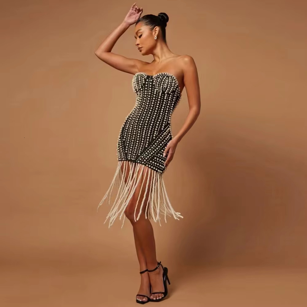 KLEEZY Black Fashion Women's Pearl Tassel Sexy Strapless Sleeveless Bandage Mini Elegant Star Party Evening Dresses
