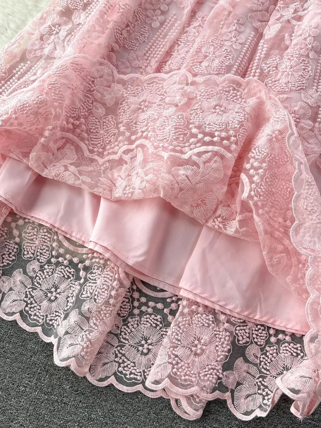 Small Fragrant Embroidery Flower Two Piece Set Women Short Sleeve Pearls Buttons Pocket Lace Mesh Crop Top Midi Skirts Suit 250211